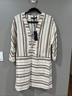 BCBGMaxAzria Cream and Brown Striped Button-Front Casual Shirt